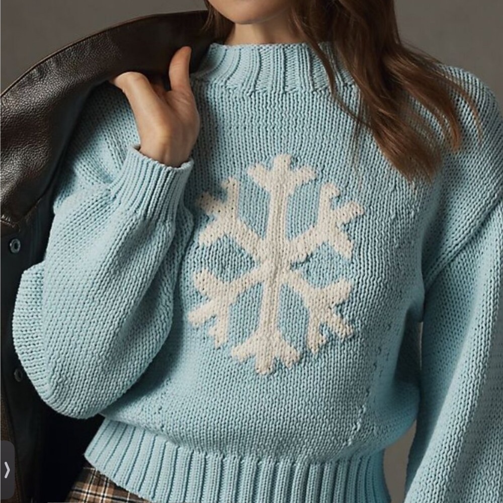 Anthropologie Maeve The Pippa Icon Mock-Neck Sweater Blue Snowflake M NEW Cozy